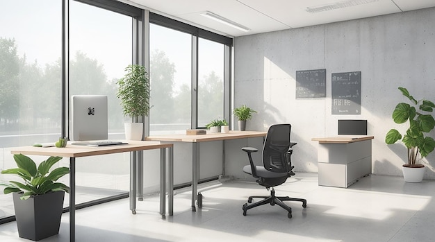 Clan-Beton-Büroinnenraum mit Fenstern, Ausstattung, Möbeln und anderen Gegenständen, 3D-Darstellung