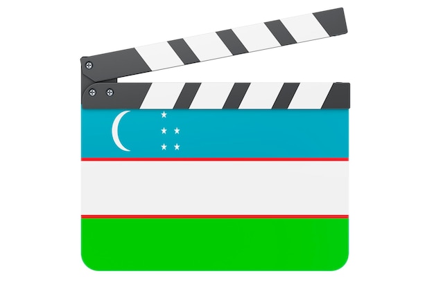Clapperboard de cinema com a bandeira do Uzbequistão conceito de indústria cinematográfica renderização 3D isolado em fundo branco
