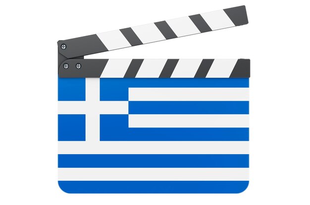 Clapperboard de filme com a bandeira grega conceito da indústria cinematográfica renderização 3D isolada em fundo branco