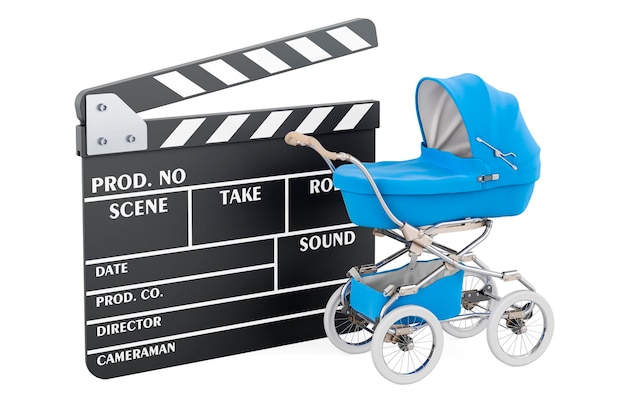 Clapperboard mit Kinderwagen 3D-Rendering