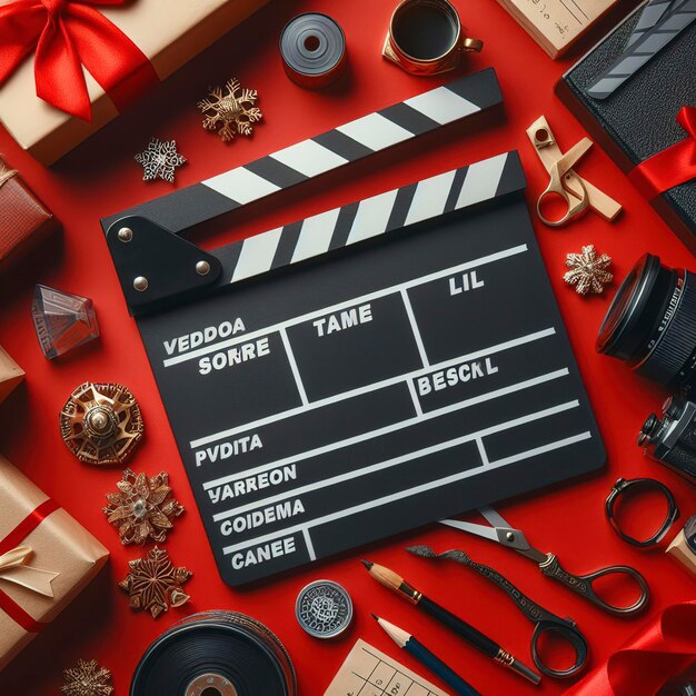 Foto clapperboard ou ardósia de filme usada na produção de vídeo na indústria cinematográfica em fundo vermelho