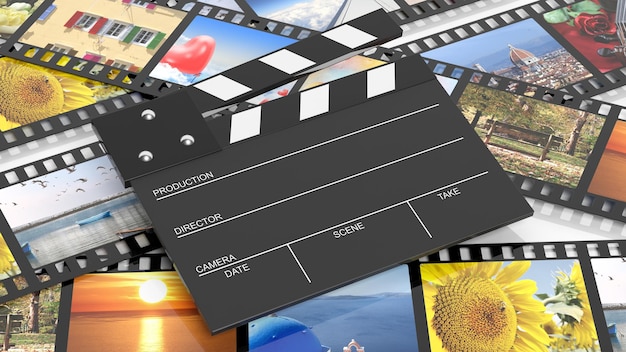 Clapperboard en tiras de película con imágenes como fondo