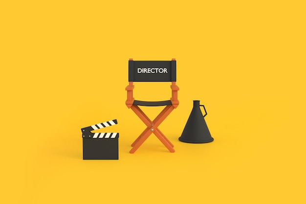 Claqueta de silla de director y megáfono sobre fondo amarillo Concepto de industria cinematográfica 3D Render