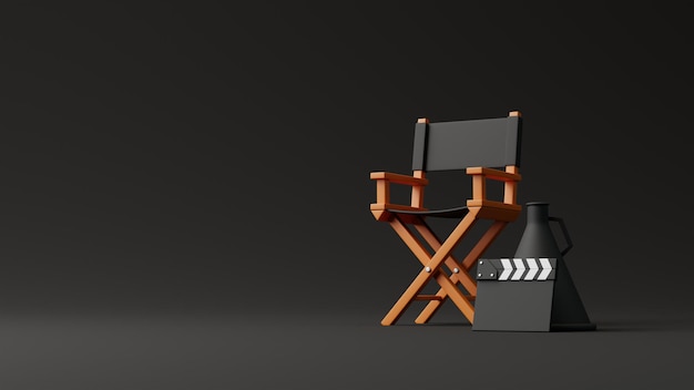 Claqueta de silla de director y megáfono sobre fondo negro Concepto de producción de cine 3D Render