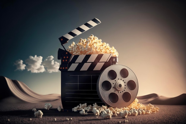Foto claquete de balde de pipoca e carretel de filme dentro do grande cinema
