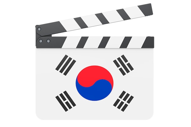 Claquete de filme com renderização 3D do conceito de indústria cinematográfica de bandeira sul-coreana