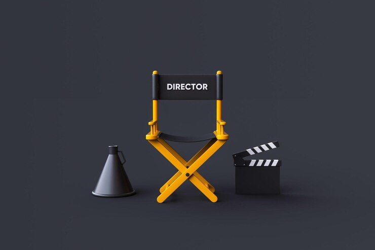 Foto claquete e megafone da cadeira do diretor no fundo preto