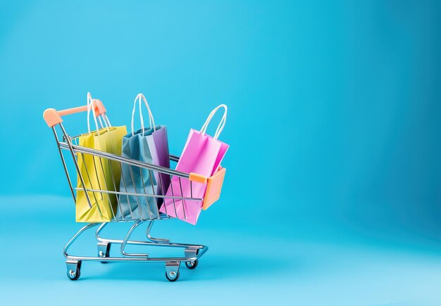 Una clara demostración del consumismo bolsas de compras coloridas en un mini carrito
