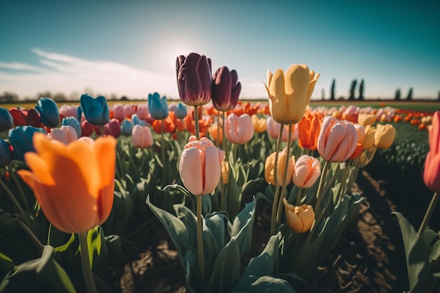 Clareira de tulipas de prado de flores vermelhas de laranja Generative AI