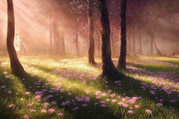 Clareira de verão na floresta com troncos de árvores de folha caduca verde prado com flores de arbustos de grama e raios de sol no chão ilustração 3d