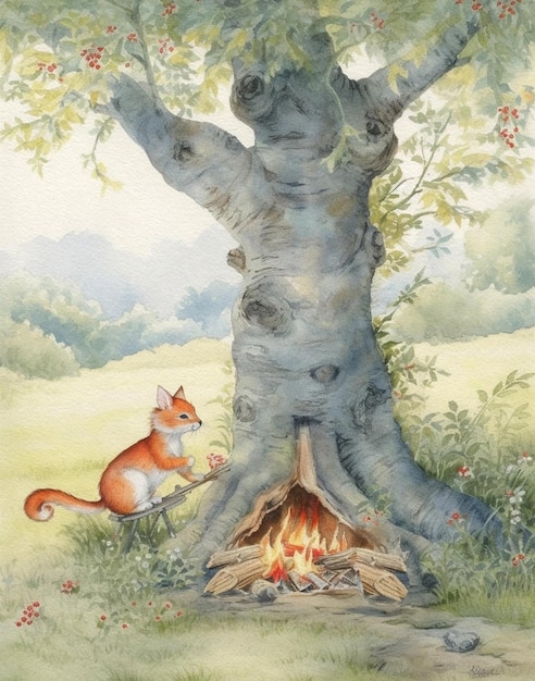 Clareira mágica de conto de fadas no desenho de aquarela da floresta de uma grande árvore em um prado no verão