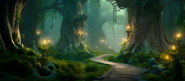 Clareira mágica encantada na floresta Vaga-lumes iluminados em meio a árvores antigas geradoras de IA