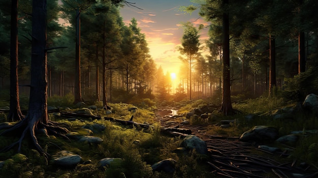 Clareira na floresta hiper-realista ao nascer do sol