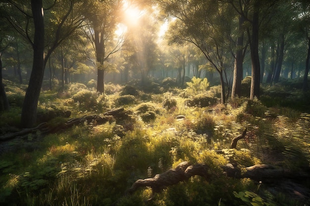 Un claro de bosque aislado con la luz del sol filtrándose a través de los árboles proyectando sombras moteadas sobre la hierba suave debajo