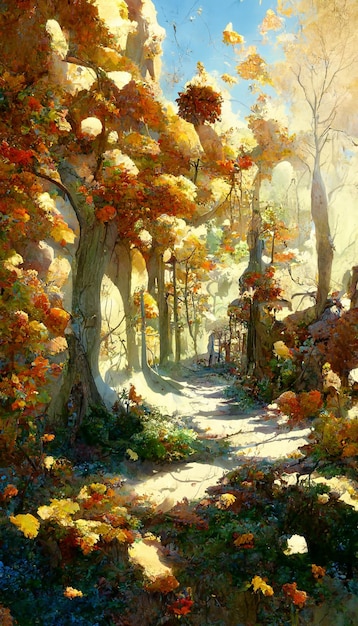 Un claro día de otoño en un bosque están cayendo hojas de colores