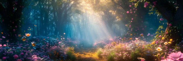 un claro mágico en un bosque encantado lleno de colores brillantes y suaves rayos de sol