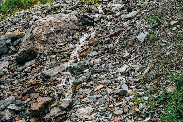 Los claros manantiales fluyen en una hermosa pendiente pedregosa. Boulder Stream con pequeño arroyo de montaña. Muchas piedras mojadas en la ladera de la montaña. Naturaleza con primer plano de arroyo de montaña. Corriente de agua clara.