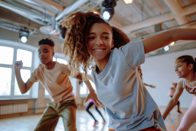 Una clase de baile alegre con niños diversos