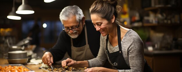 Foto clase de cocina intergeneracional que pasa por el trasfondo