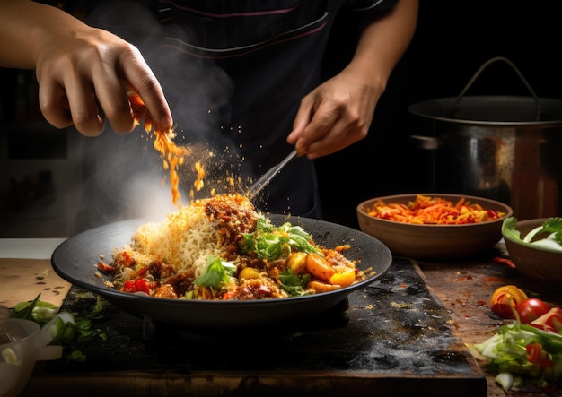 Foto una clase de cocina nasi goreng en acción