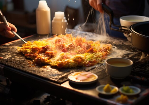 Una clase de cocina de Okonomiyaki en acción