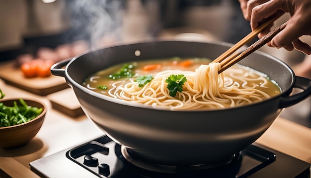 Una clase de cocina de sopa de fideos en acción