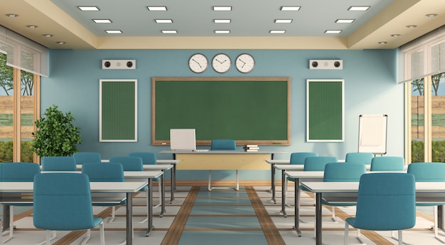 Una clase colorida sin estudiantes.