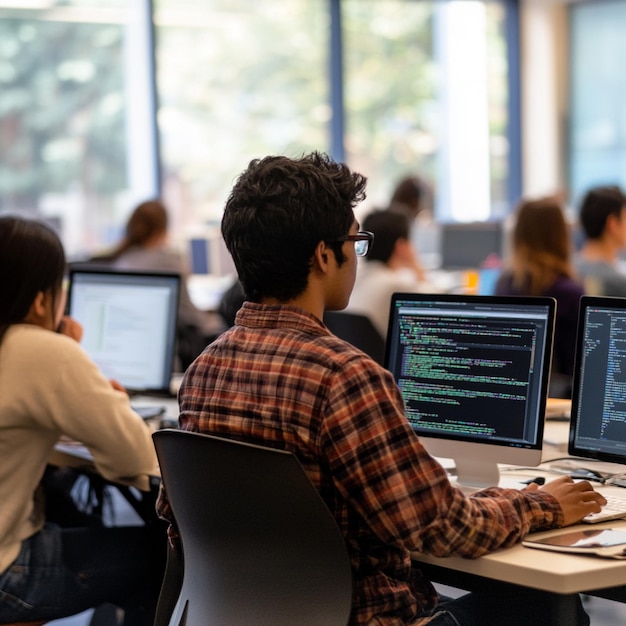 Una clase de entrenamiento de desarrollo web con estudiantes codificando