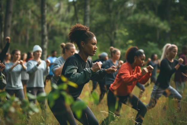 Clase de fitness de grupo al aire libre en la naturaleza Grupo diverso de personas que participan en una clase de fitness de artes marciales al aire abierto en un entorno natural Concepto de salud mundial