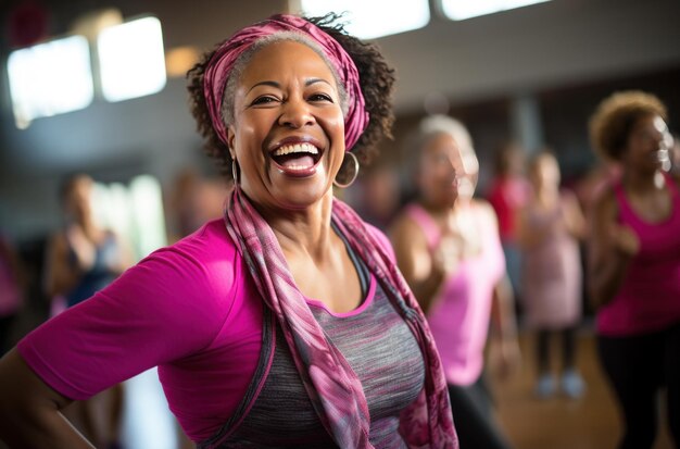 en esta clase de fitness mujeres mayores bailan en un estudio de yoga