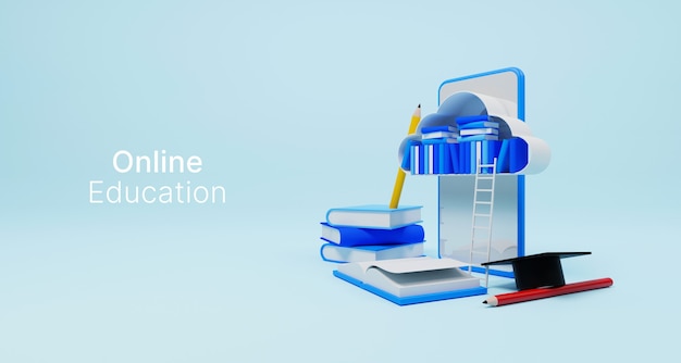 Clase en línea, educación en línea, tecnología de e-learning en teléfono inteligente móvil. Curso de formación y educación en casa en el dispositivo. Ilustración 3d