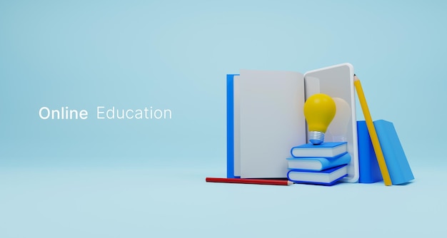 Clase en línea, educación en línea, tecnología de e-learning en teléfono inteligente móvil. Curso de formación y educación en casa en el dispositivo. Ilustración 3d