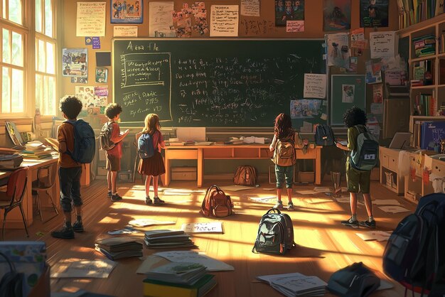 Una clase llena de estudiantes diversos que colaboran
