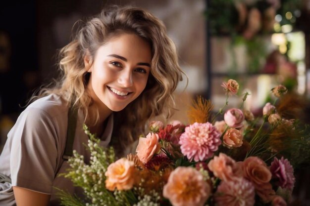 Clase magistral de florista sonriente en el trabajo con un ramo de flores