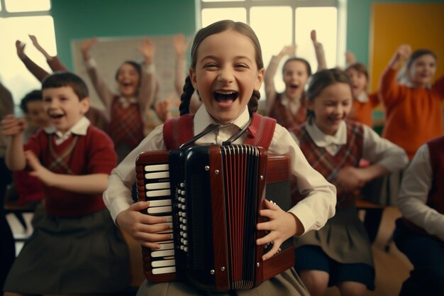 Clase de música de escuela primaria con estudiantes tocando 00239 00