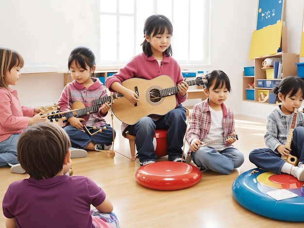 Una clase de música con niños sentados en un círculo generado por IA