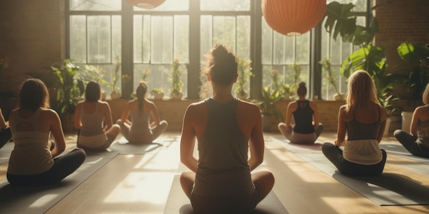 Clase de yoga en el estudio de yoga lleno de luz natural concepto de cuidado personal de la salud mental.