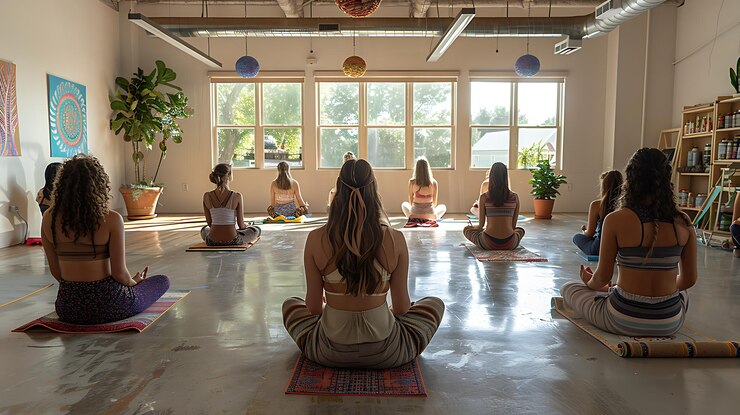 Clase de yoga en grupo en un estudio iluminado por el sol con decoración natural