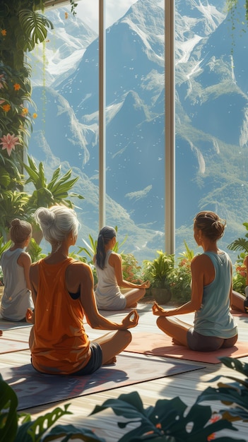 Clase de yoga en una habitación soleada con vista al bosque
