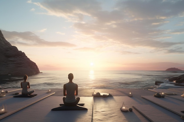 Clase de yoga junto al mar en una playa tranquila que combina generativa ai