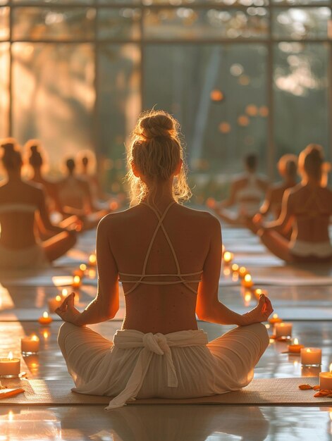 Foto clase de yoga serena en sesión en un centro de bienestar iluminado por el sol