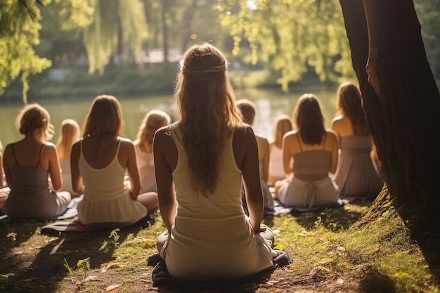 una clase de yoga en la vista del parque desde atrás