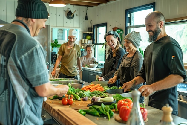 Clases de cocina Los participantes se reúnen en una cocina bien equipada para aprender nuevas habilidades culinarias de un mar