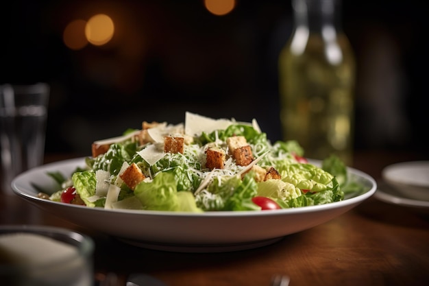 Foto la clásica ensalada césar irradia frescura y elegancia culinaria.