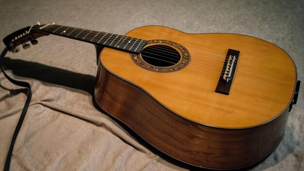 Foto clásica guitarra acústica de madera en el sofá