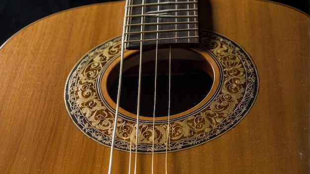 Clásica guitarra acústica de madera en el sofá