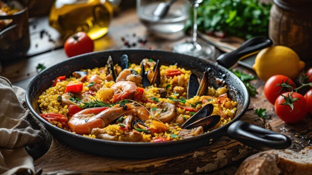 La clásica paella valenciana contra un rústico patio español