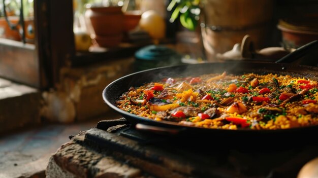 La clásica paella valenciana contra un rústico patio español