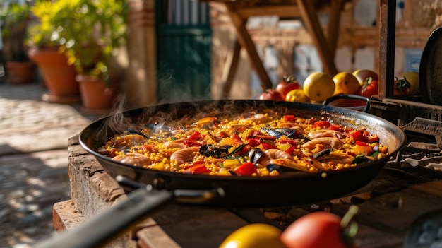 Foto la clásica paella valenciana contra un rústico patio español