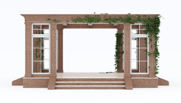 Clásica pérgola de mármol rojo con plantas trepadoras aisladas sobre un fondo blanco vista delantera en 3D